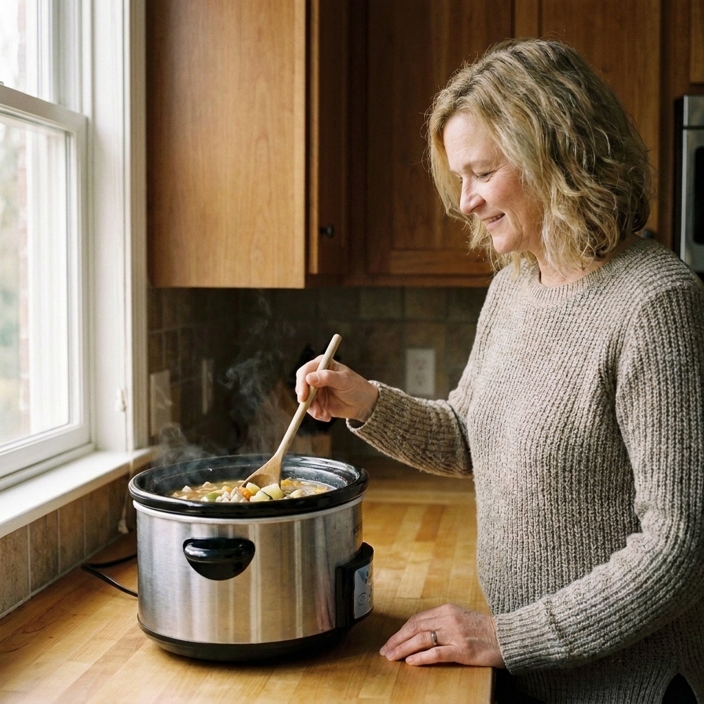 A wooden spoon stirring soup in a slow cooker on a bright kitchen counter