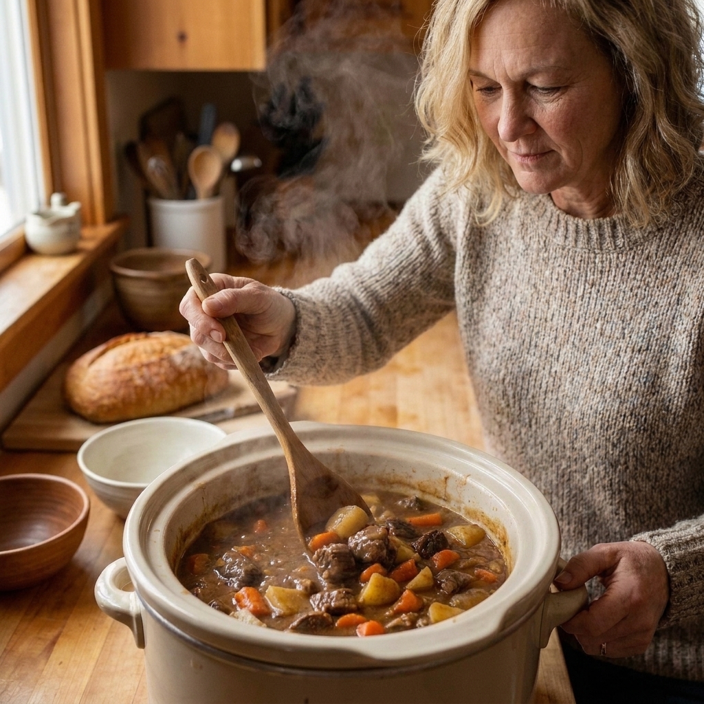 A wooden spoon stirring thick beef stew in a slow cooker, with steam rising