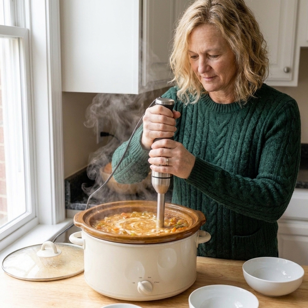 An immersion blender being used inside a slow cooker to puree part of a vegetable soup, creating a creamy texture