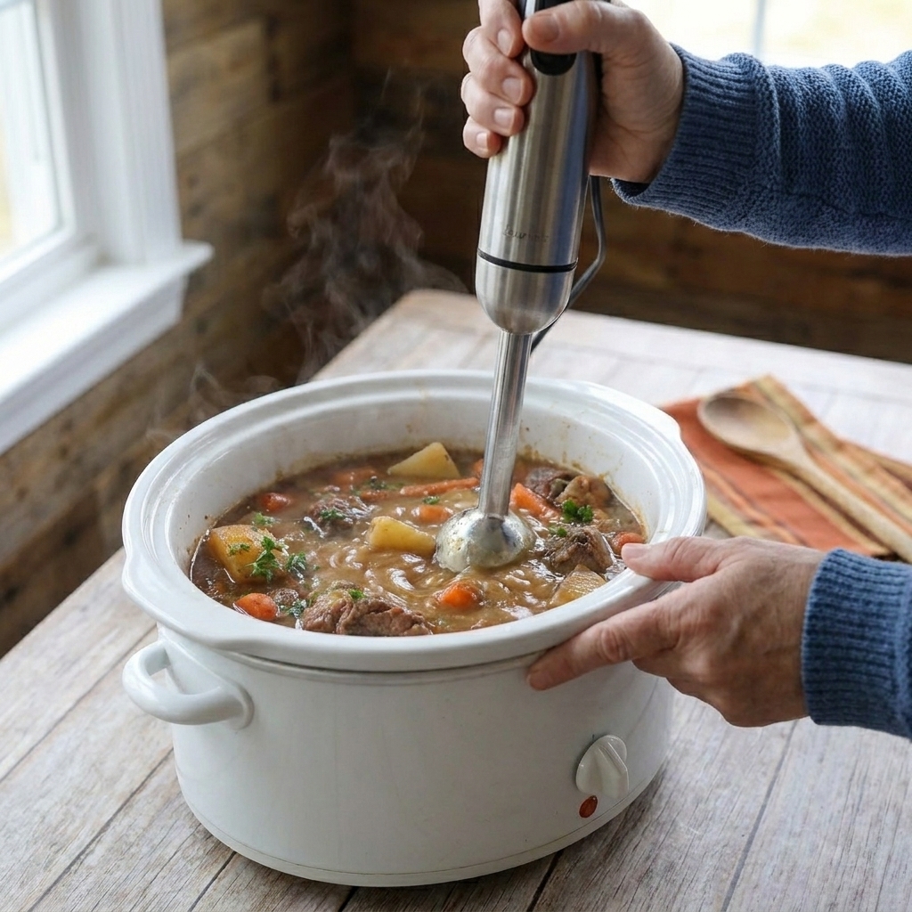 An immersion blender partially submerged in a slow cooker stew, blending cooked vegetables into the broth