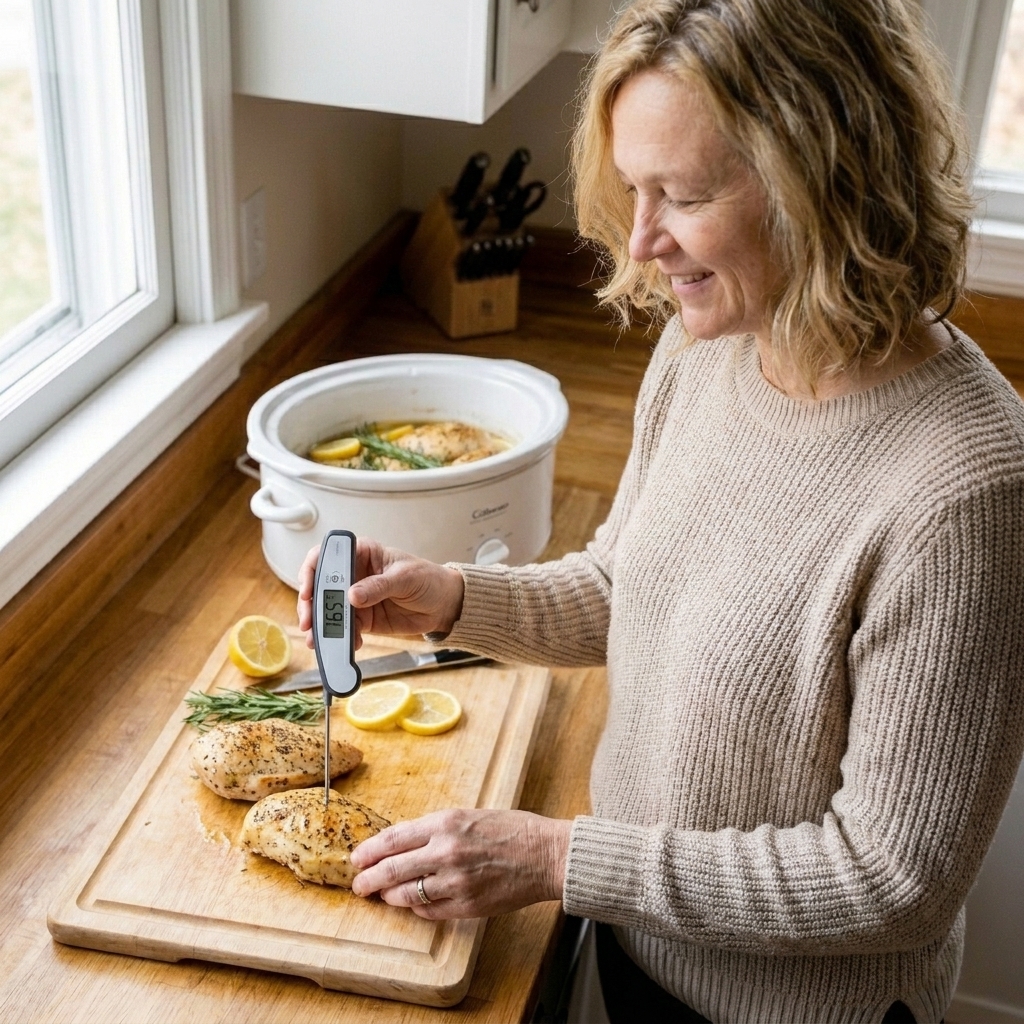 An instant-read thermometer inserted into the thickest part of a cooked chicken breast