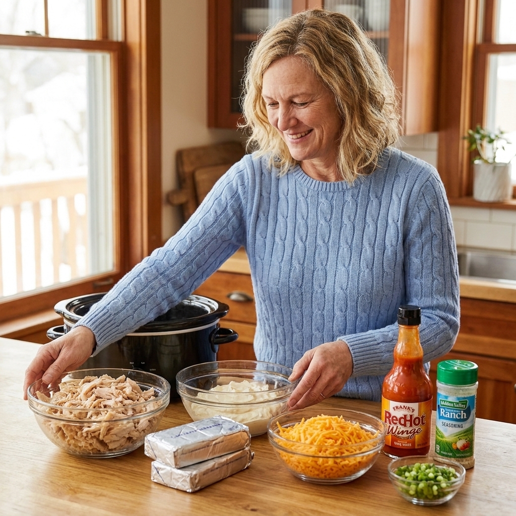 Bowls of shredded chicken, cream cheese blocks, shredded cheddar, buffalo wing sauce, ranch seasoning, and sliced green onions on a kitchen counter