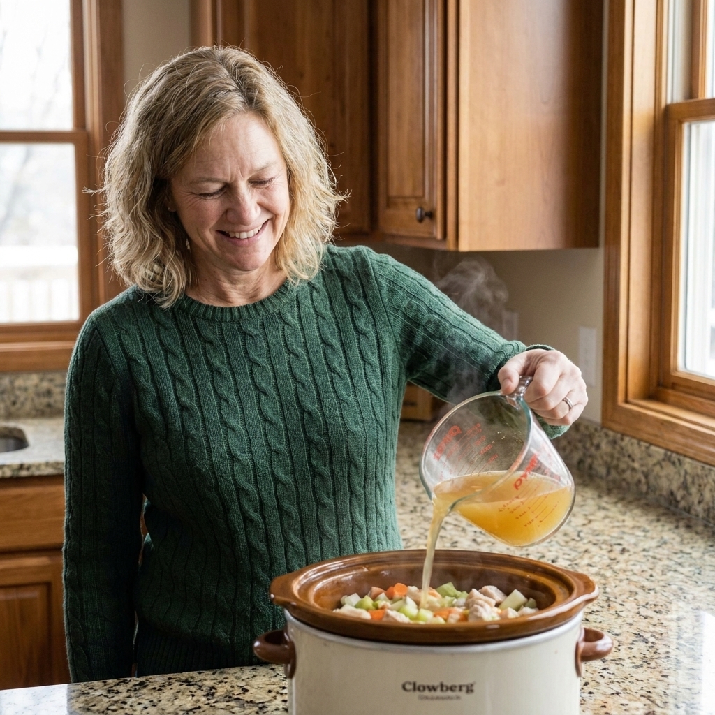 Broth being poured from a measuring pitcher into a slow cooker crock on a kitchen counter