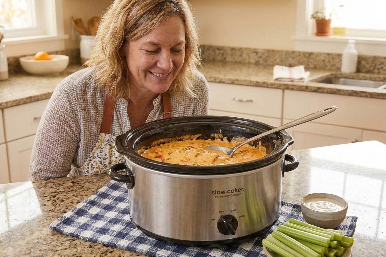 Buffalo chicken dip bubbling at the edges in a slow cooker with a serving spoon and celery sticks on the side
