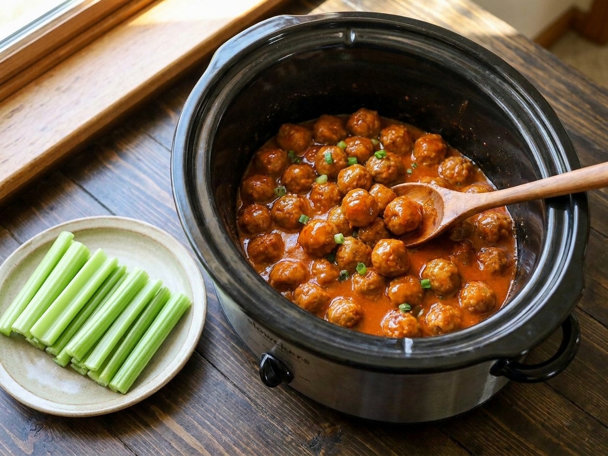 Buffalo ranch meatballs coated in orange-red sauce inside a slow cooker with celery sticks on a plate nearby