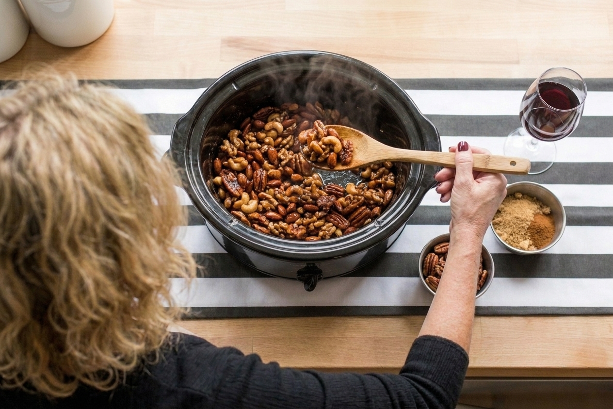 Candied mixed nuts being stirred in a slow cooker with a wooden spoon