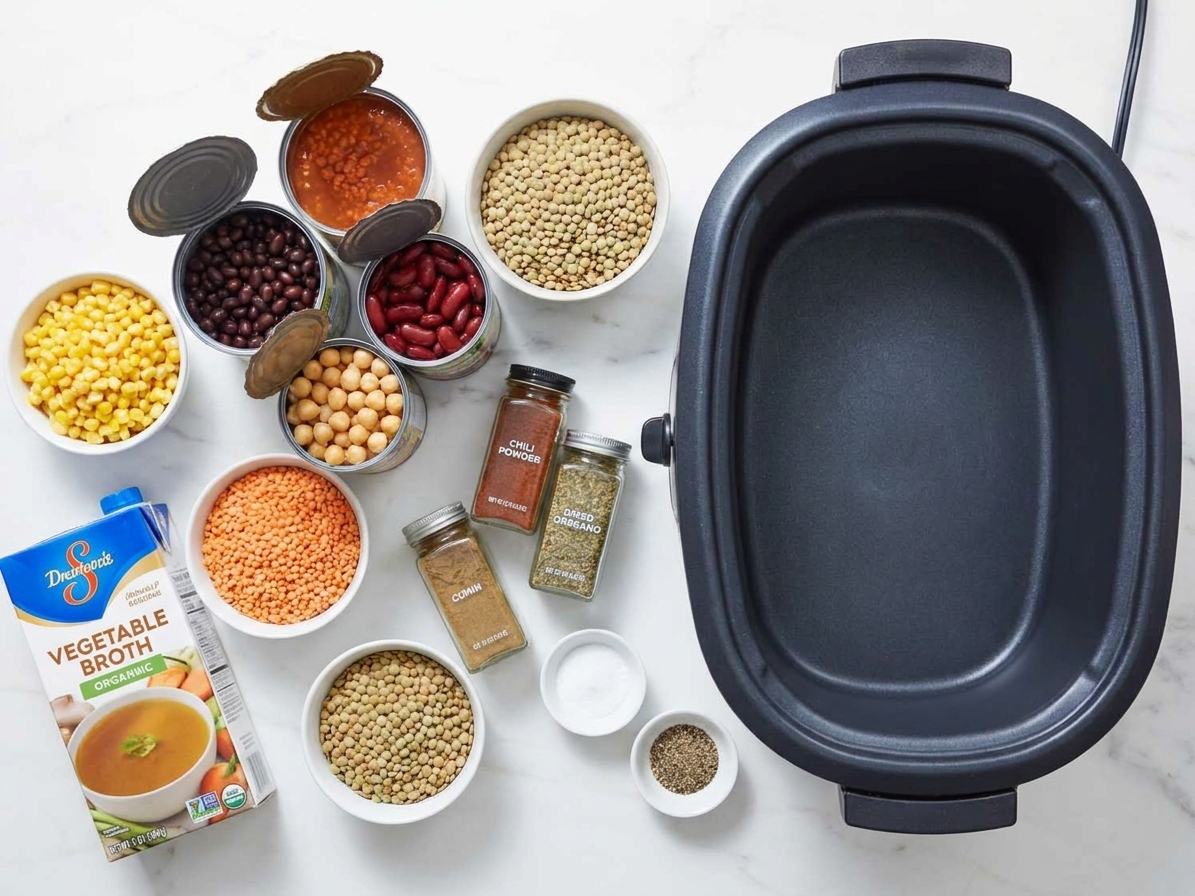 Canned beans, dried lentils, broth, and spices arranged on a kitchen counter next to a slow cooker