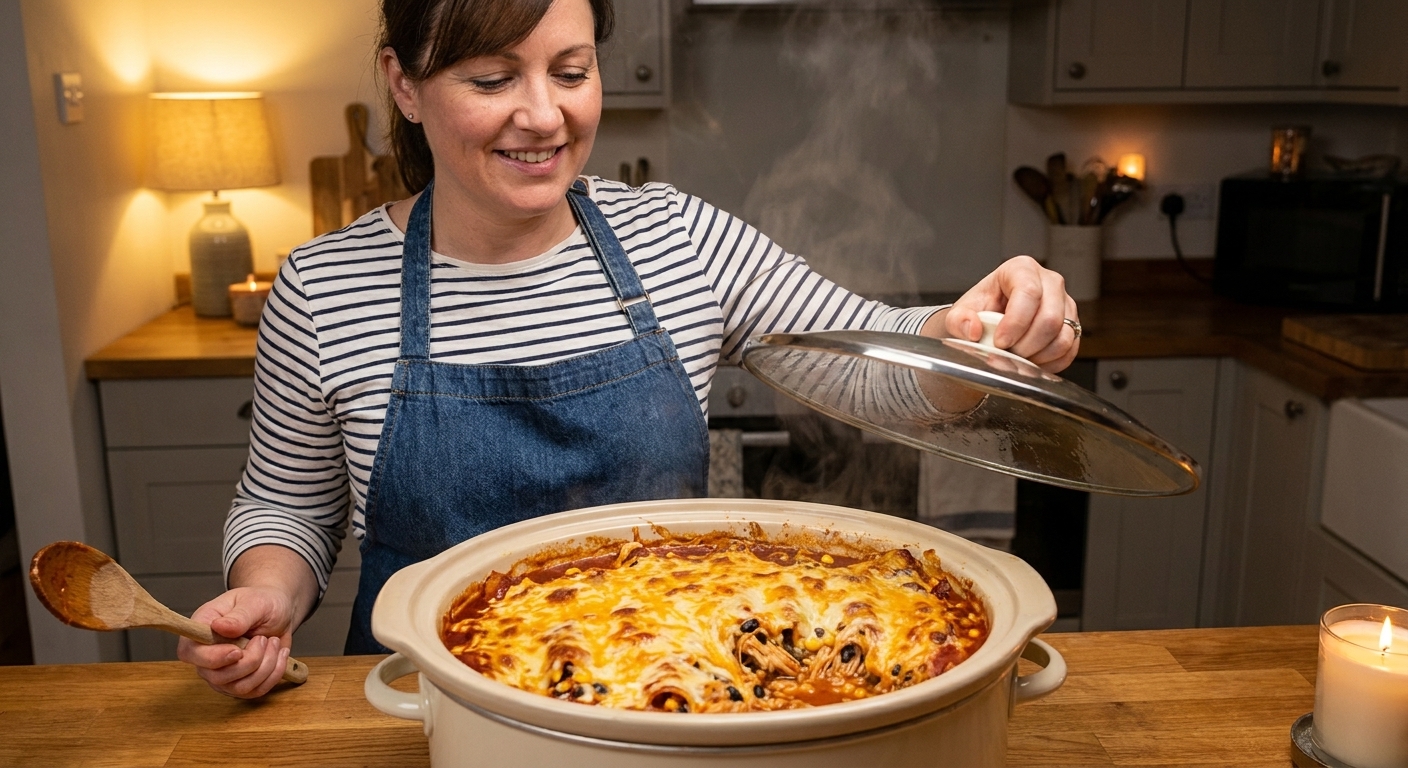 Cheesy enchilada chicken and rice casserole inside a slow cooker with melted cheese on top