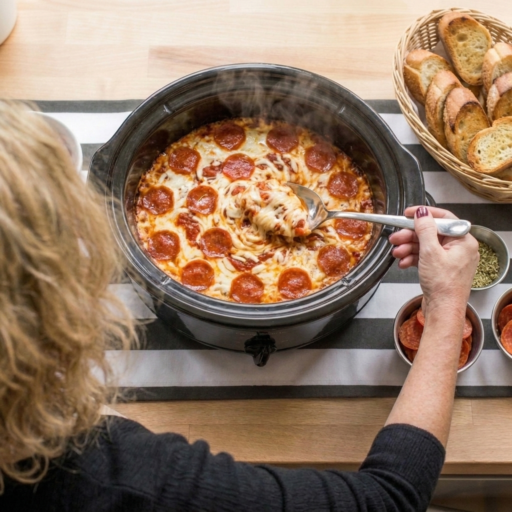 Cheesy pizza dip bubbling in a slow cooker with pepperoni on top and sliced baguette nearby
