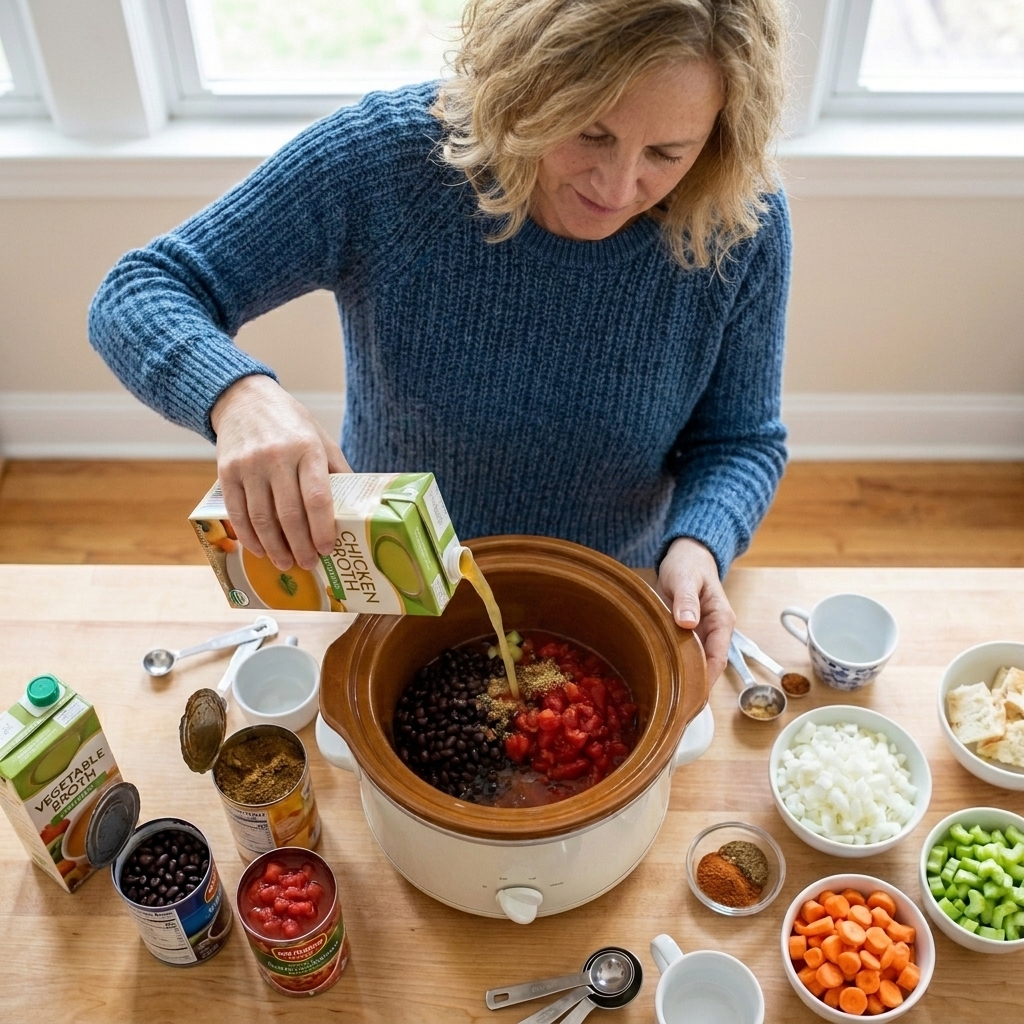 Chicken broth being poured into a slow cooker filled with vegetables, beans, and spices, mid-prep on a home kitchen counter