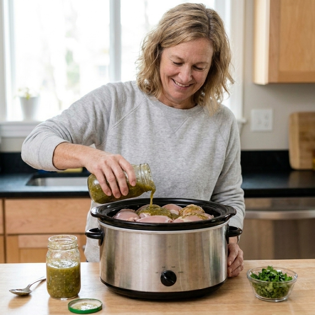 Chicken thighs in a slow cooker with salsa verde poured over the top before cooking