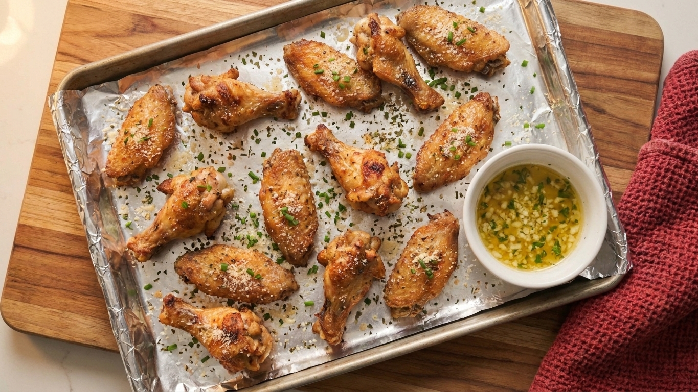 Chicken wings on a foil-lined baking sheet just out of the oven, golden and crisp, with a small bowl of garlic parmesan butter nearby