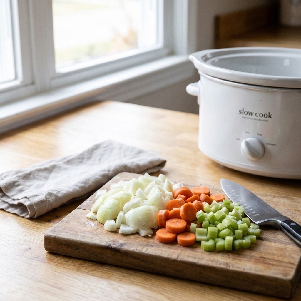 Chopped onions, carrots, and celery on a cutting board, ready to be added to a soup recipe