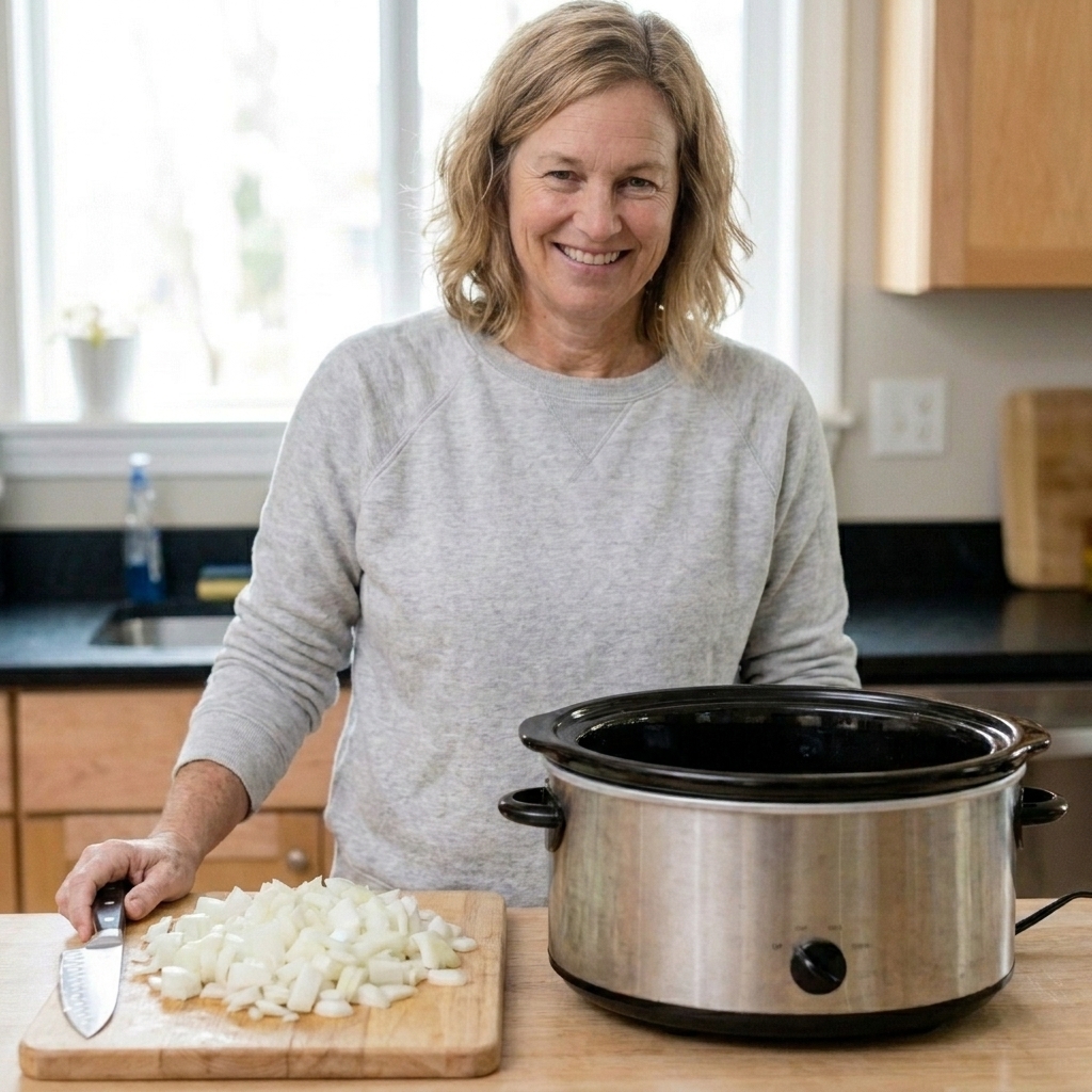 Chopped onions on a cutting board beside a slow cooker, ready to be added to a recipe