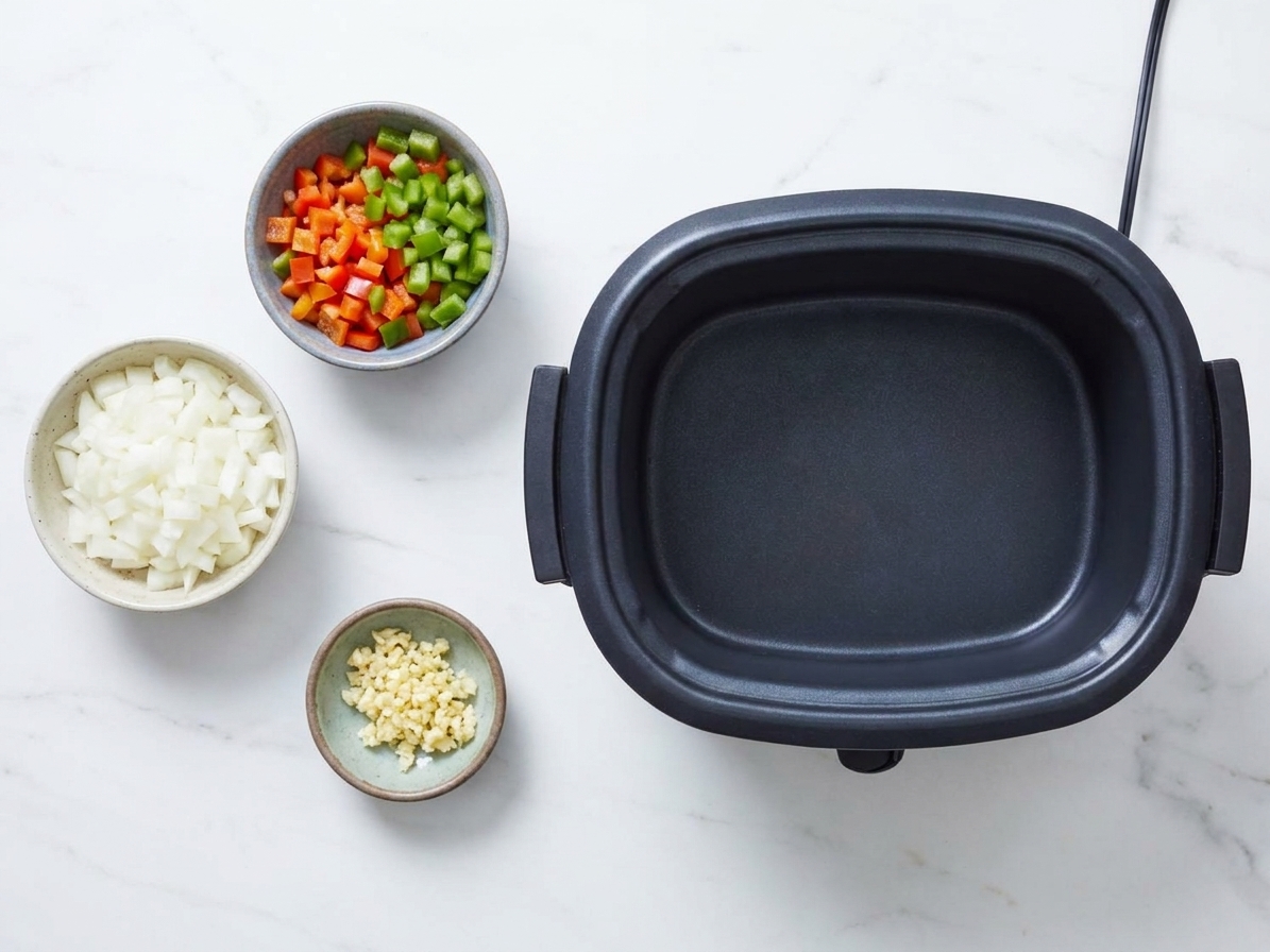 Chopped onions, peppers, and garlic in small containers next to a slow cooker on a kitchen counter