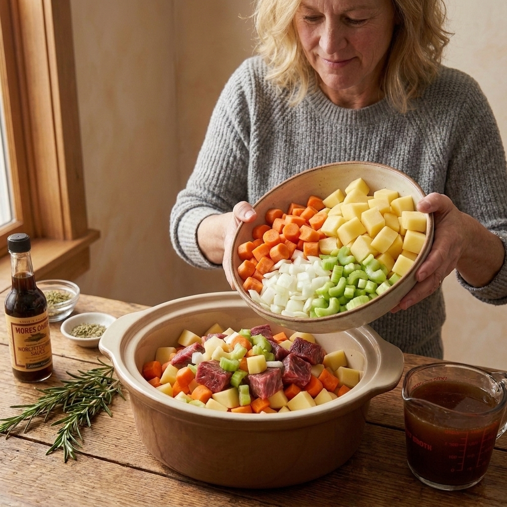 Chopped vegetables being tipped into a slow cooker insert next to a measuring cup of broth on the counter