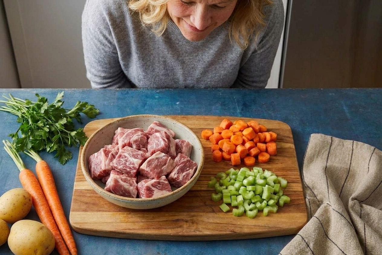 Chunks of raw pork shoulder with visible marbling in a bowl next to chopped carrots and celery on a kitchen counter