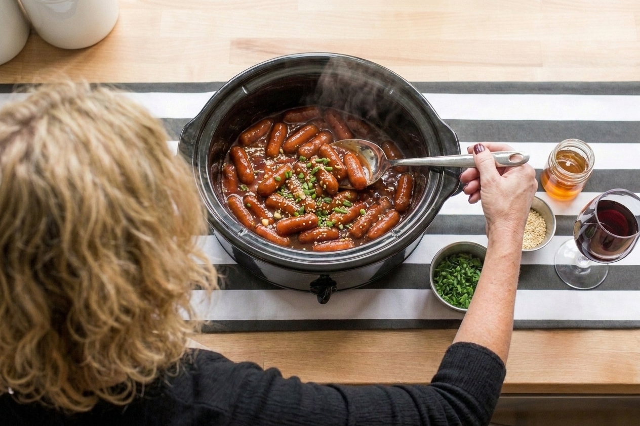 Cocktail sausages coated in a sticky honey garlic sauce inside a slow cooker