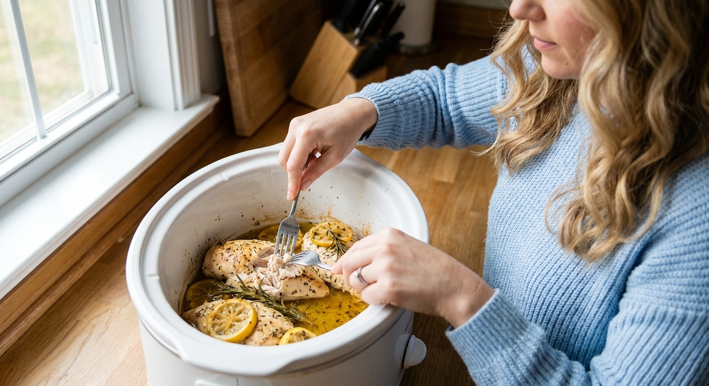 Cooked chicken breast being gently shredded with two forks in a slow cooker with a small amount of sauce
