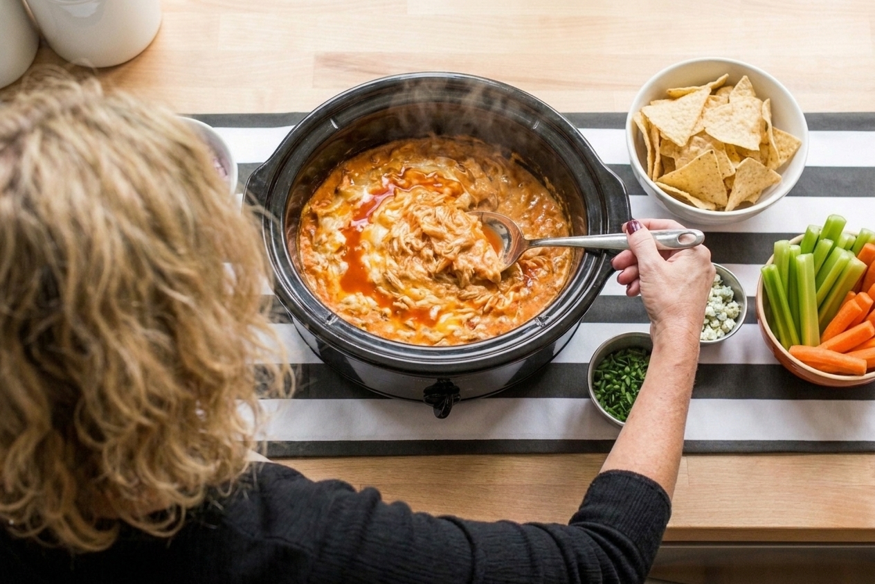 Creamy buffalo chicken dip being stirred in a slow cooker with chips and celery nearby