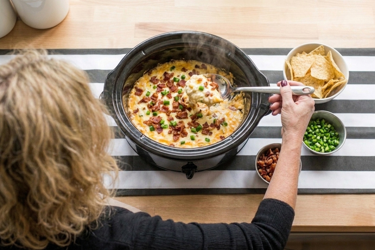 Creamy jalapeño popper dip in a slow cooker topped with bacon crumbles