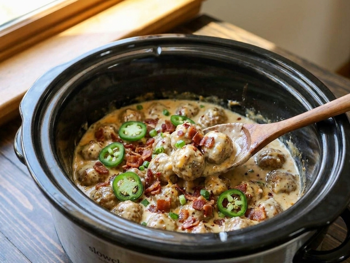 Creamy jalapeño popper meatballs in a slow cooker with visible jalapeño slices and bacon crumbles on top