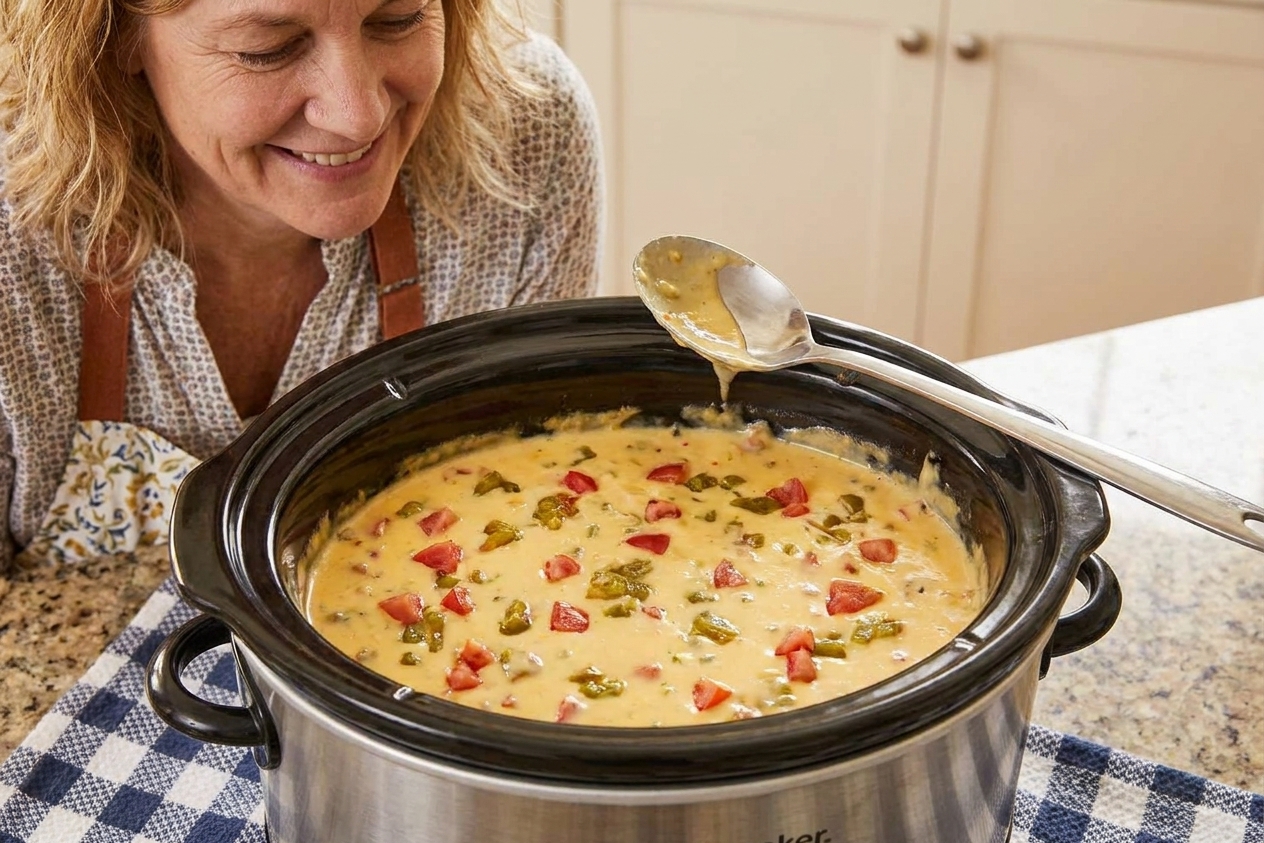 Creamy queso dip inside a slow cooker with visible diced tomatoes and green chiles, a spoon resting on the edge