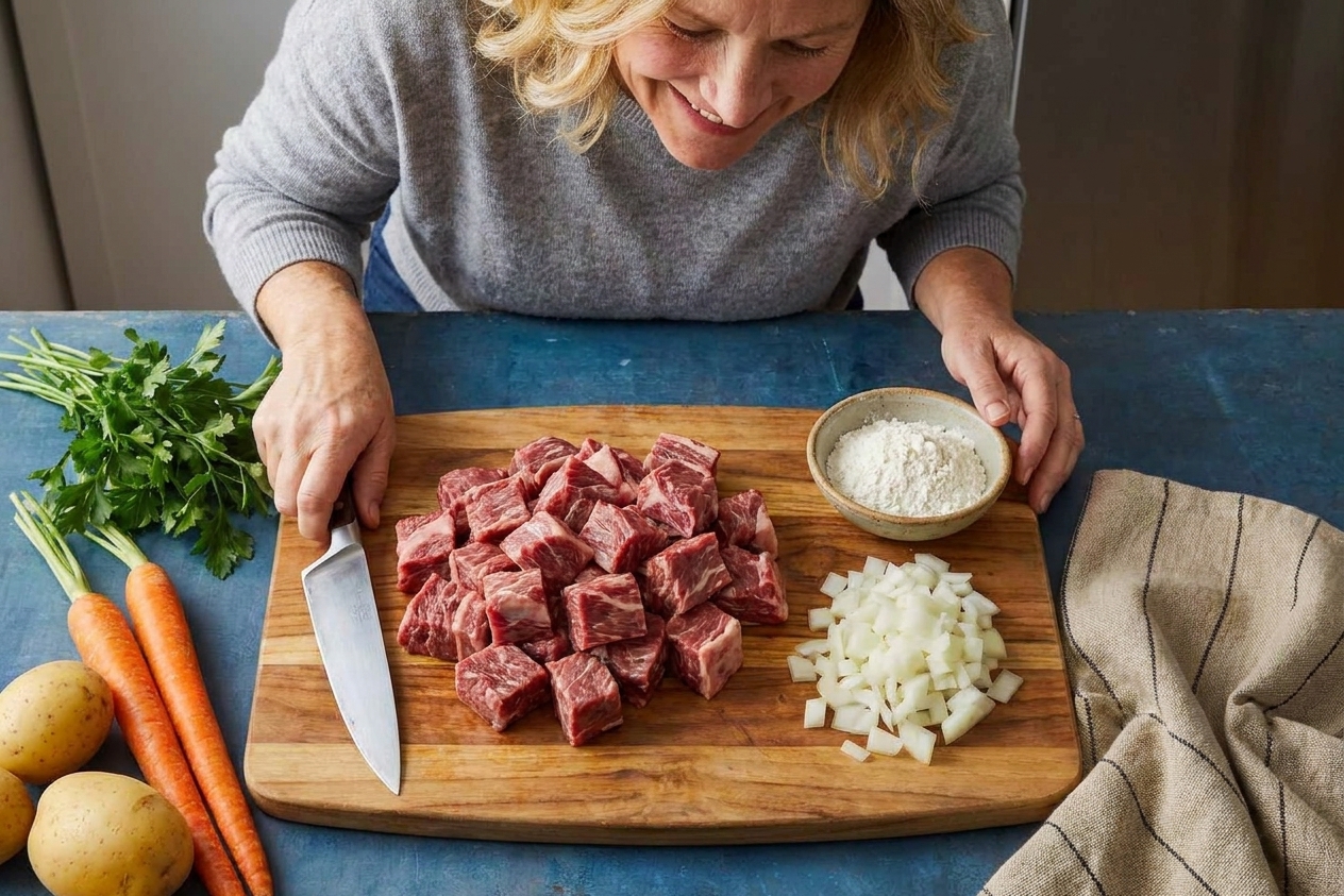 Cubed beef chuck pieces on a cutting board with a chef's knife and a small bowl of flour nearby, ready for browning