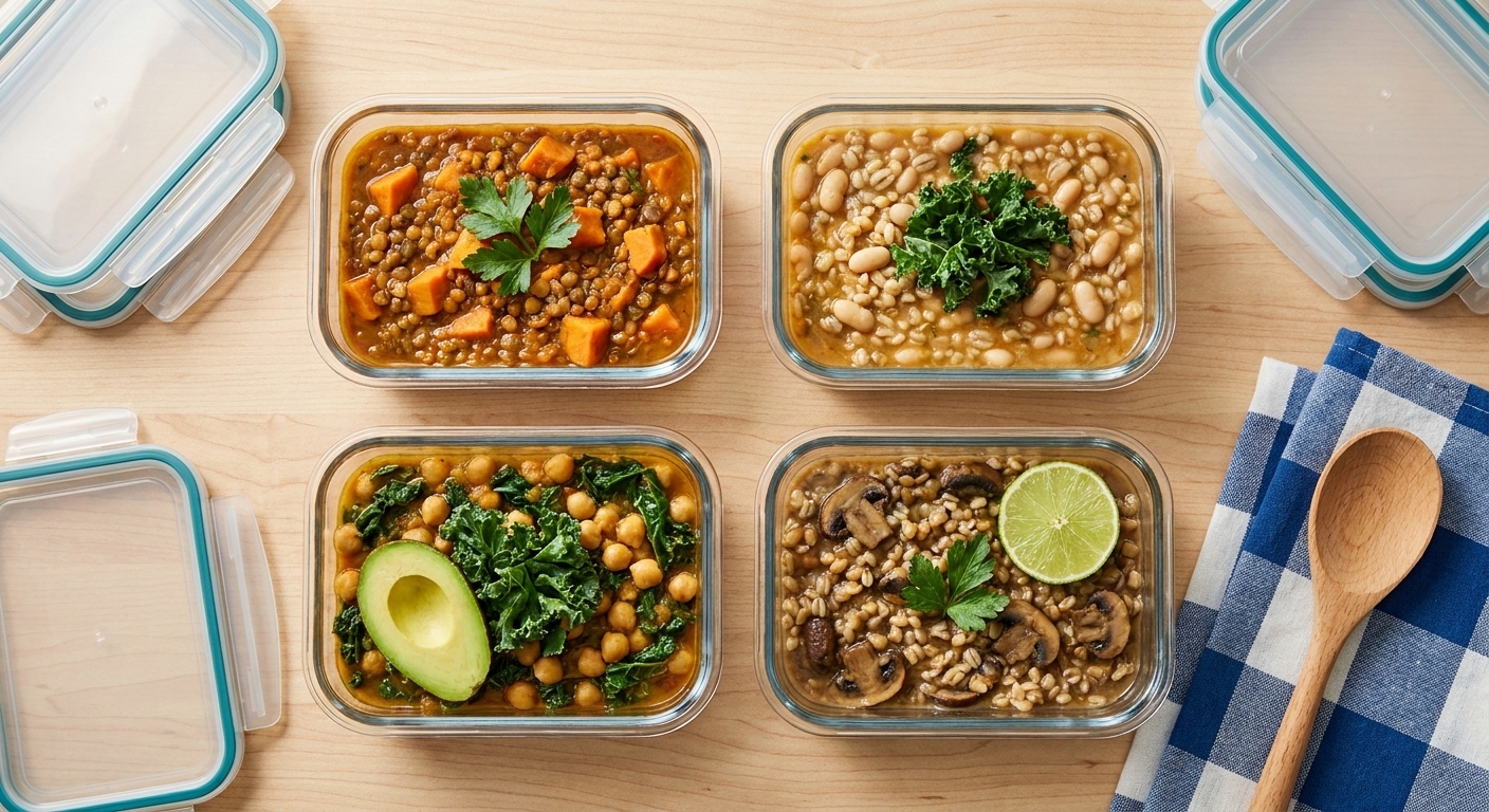 Four glass meal prep containers filled with different vegetarian stews on a kitchen counter with lids set nearby