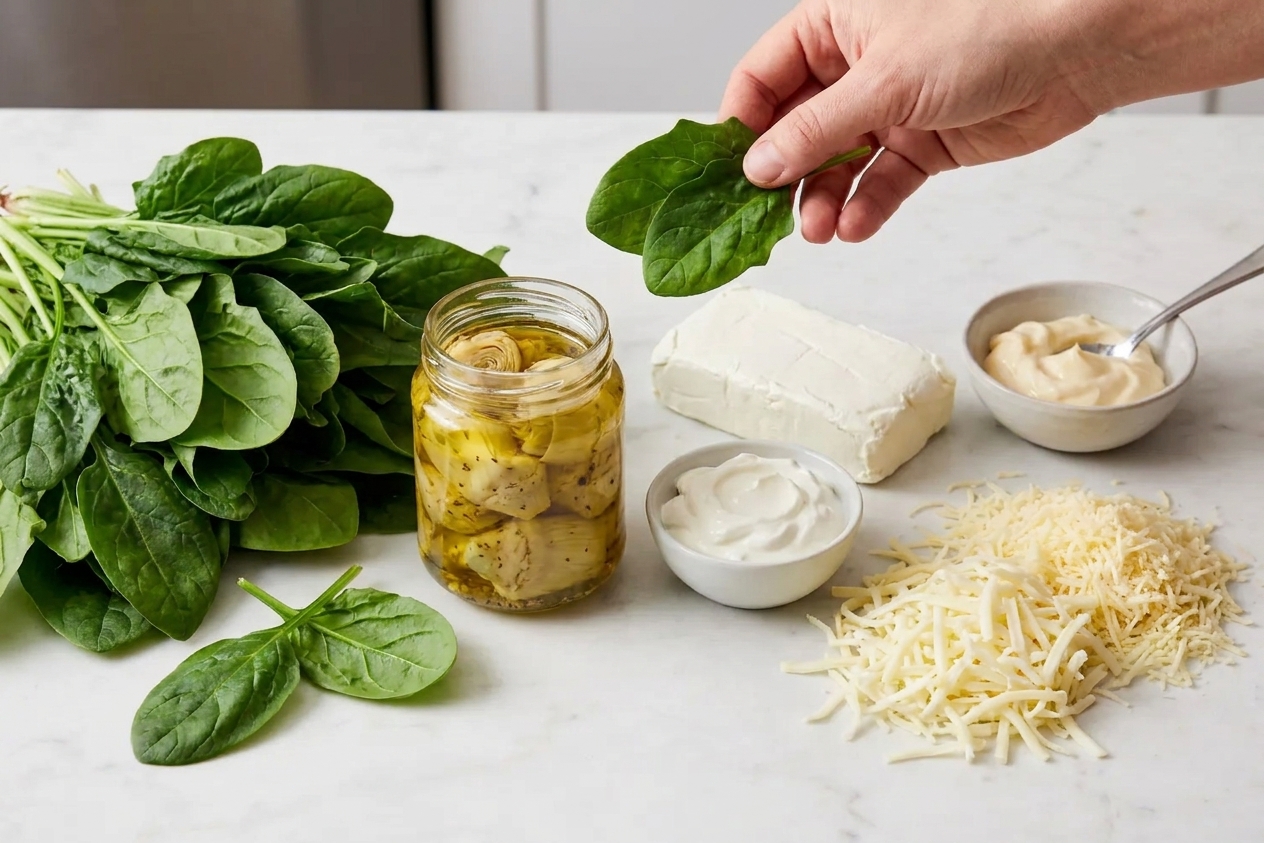 Fresh spinach leaves, a jar of marinated artichoke hearts, cream cheese, sour cream, mayonnaise, and shredded cheeses arranged on a kitchen counter