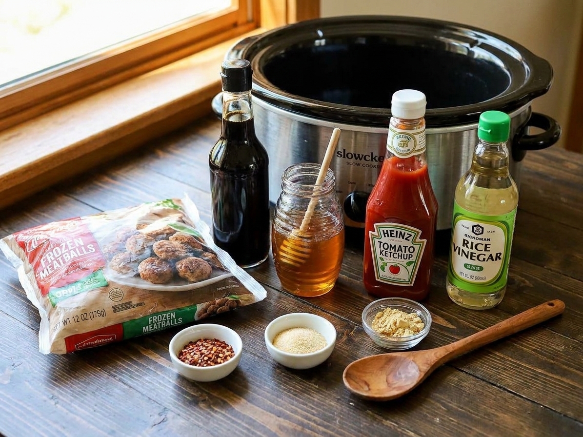 Frozen meatballs, soy sauce, honey, ketchup, rice vinegar, and spices arranged on a kitchen counter ready for slow cooker prep