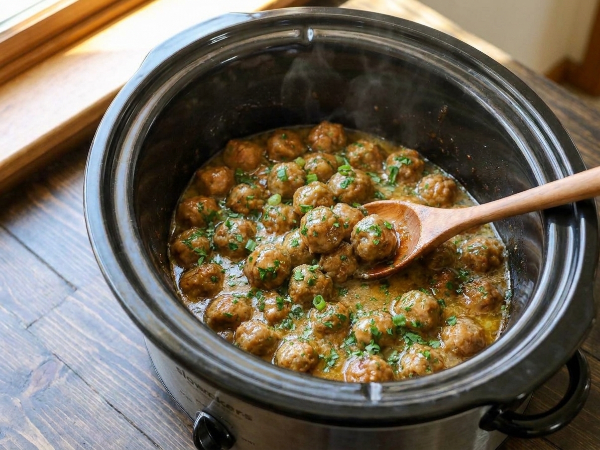 Garlic parmesan meatballs glistening in a slow cooker with melted butter sauce and chopped parsley sprinkled on top
