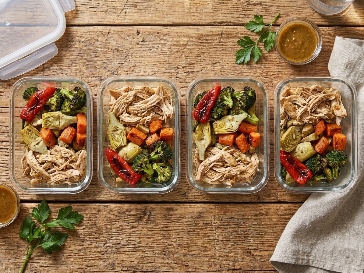 Glass meal prep containers filled with shredded chicken and roasted vegetables lined up on a kitchen counter