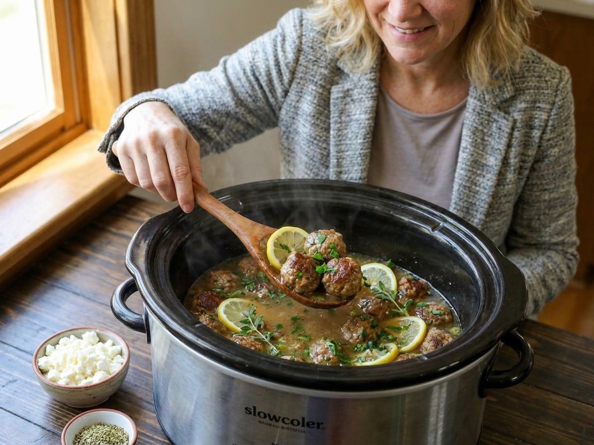 Greek-style meatballs in a slow cooker with lemon slices and oregano, with crumbled feta ready to sprinkle