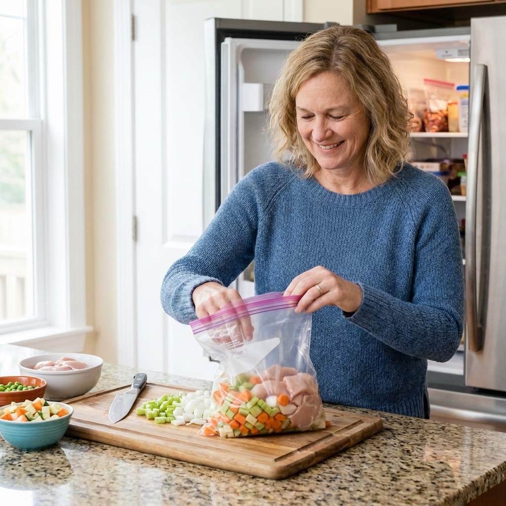 Hands holding open a gallon freezer bag on a cutting board while adding chopped vegetables and raw chicken for a slow cooker freezer meal