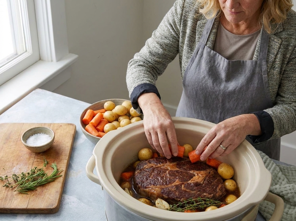 Hands placing chunks of carrot and baby potatoes around a roast inside a slow cooker