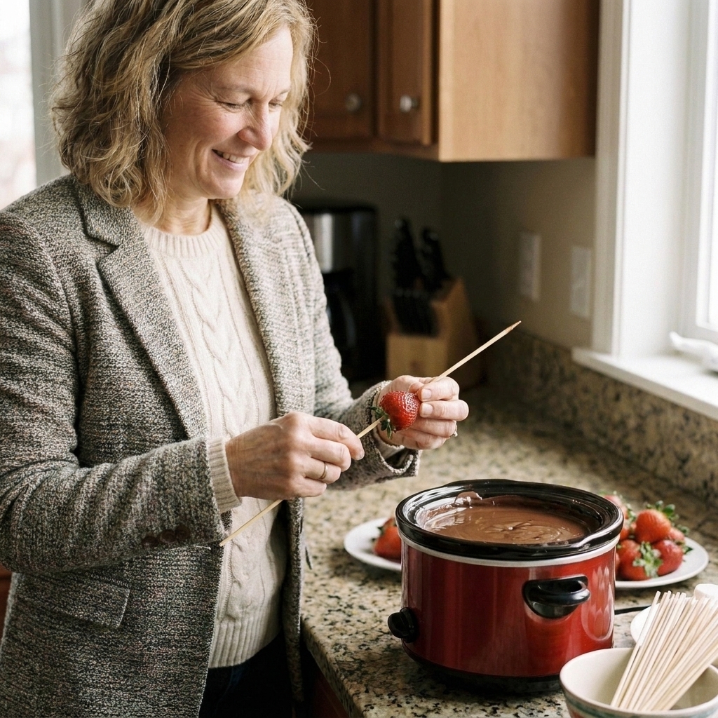 Hands placing strawberries on wooden skewers next to a slow cooker of chocolate fondue on a kitchen counter