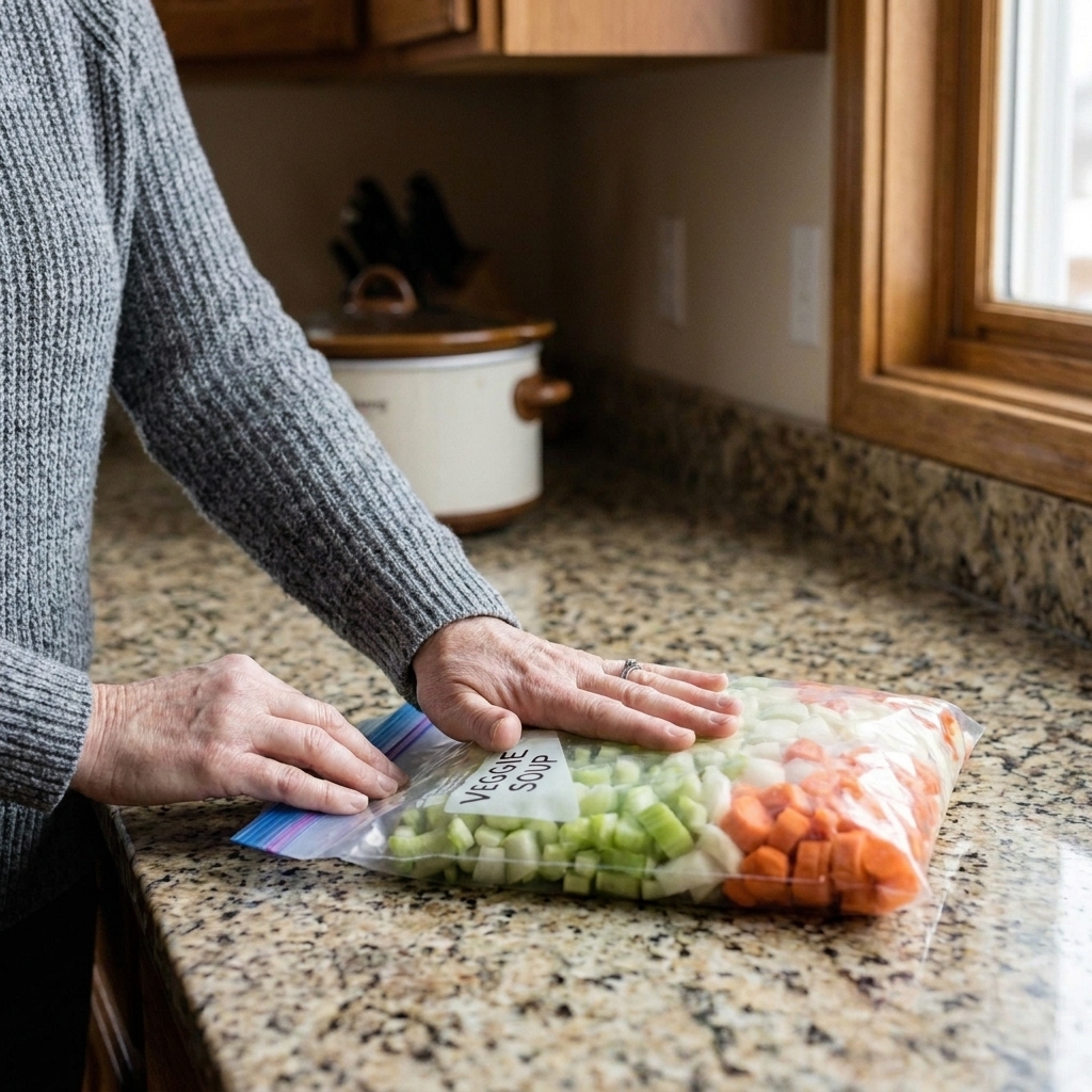Hands pressing air out of a gallon freezer bag filled with soup ingredients and sealing it on a kitchen counter
