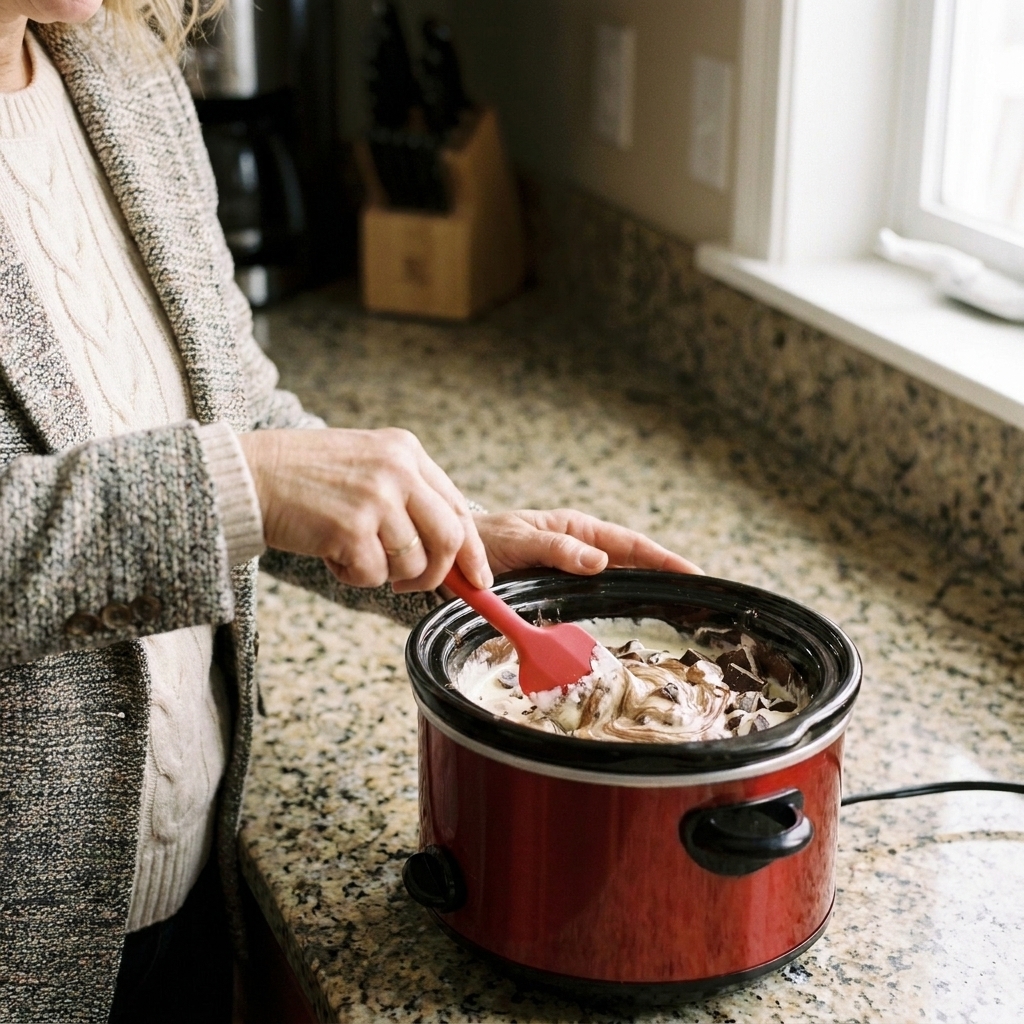 Hands stirring chopped chocolate and cream together inside a slow cooker crock insert with a silicone spatula