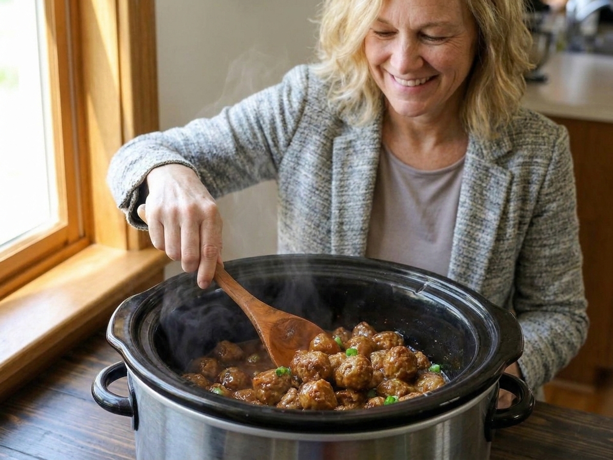 Hands stirring saucy meatballs in a slow cooker with a wooden spoon on a home kitchen counter