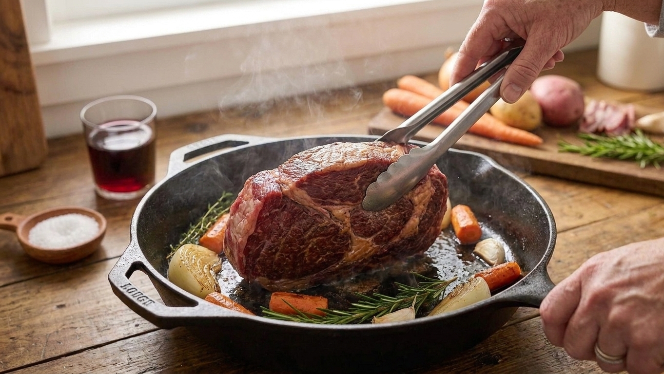 Hands using tongs to sear a chuck roast in a hot cast iron skillet with a browned crust forming on the surface