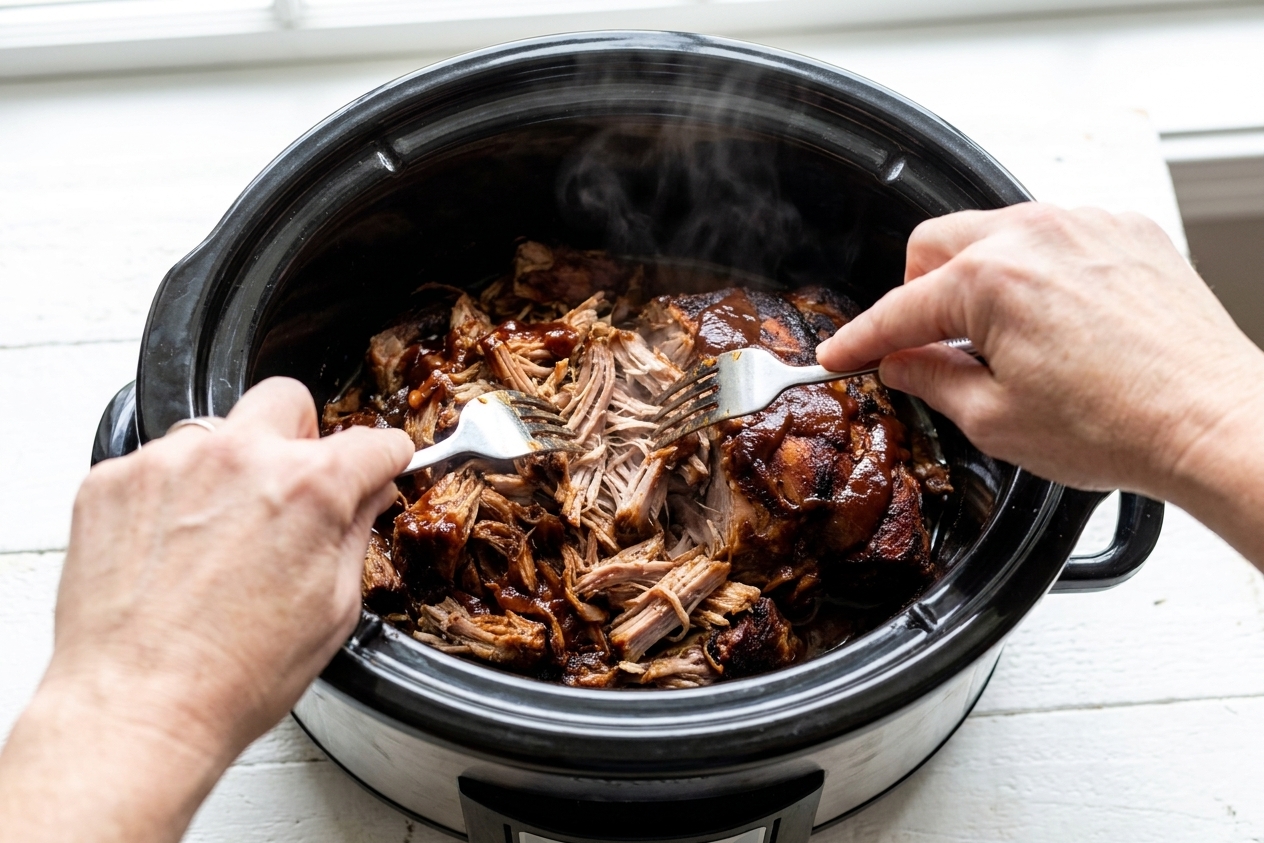 Hands using two forks to shred tender slow-cooked pork inside a ceramic slow cooker insert