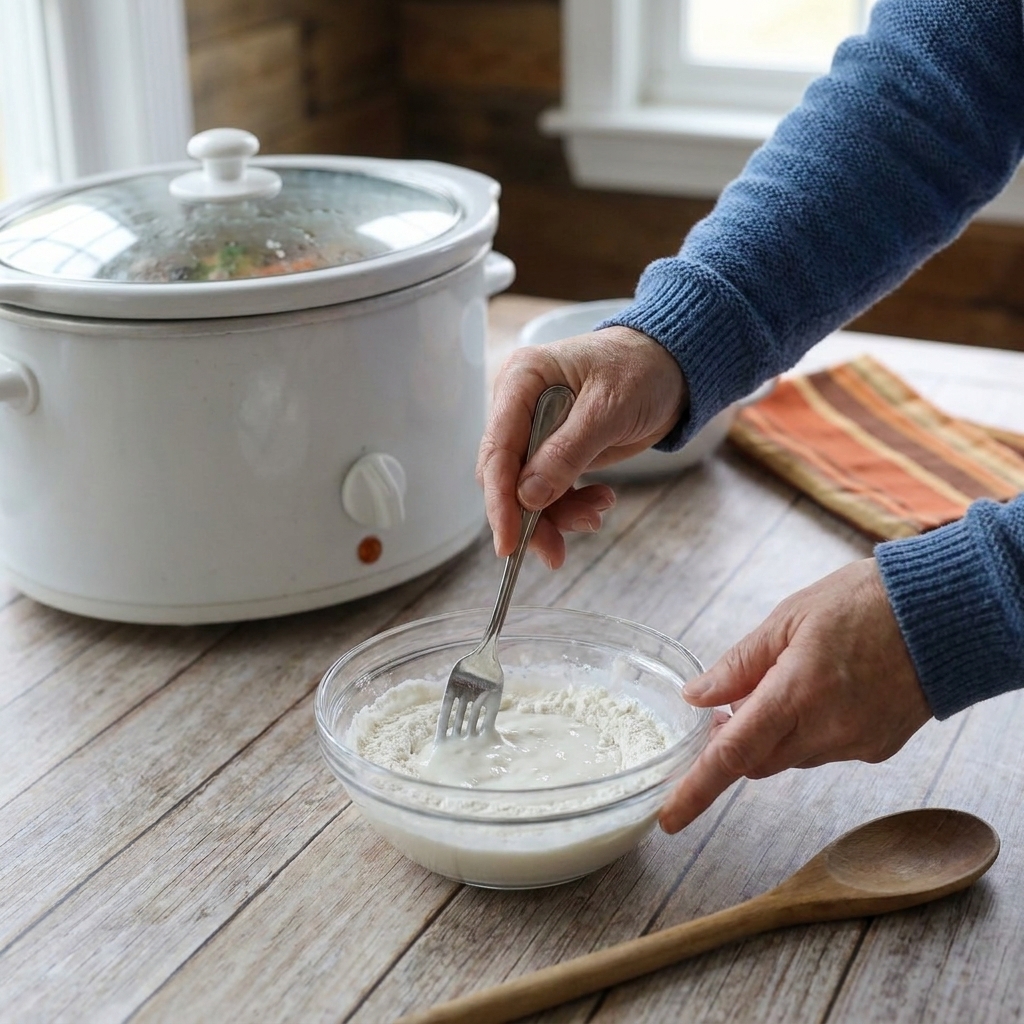 Hands whisking flour and water together in a small bowl on a kitchen counter beside a slow cooker