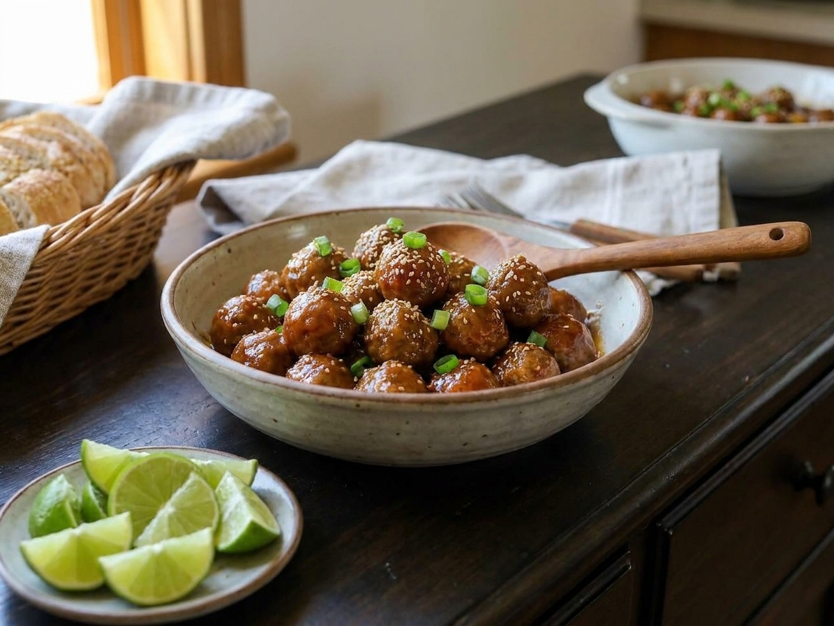Honey sriracha lime meatballs in a serving bowl with lime wedges set out on a buffet table