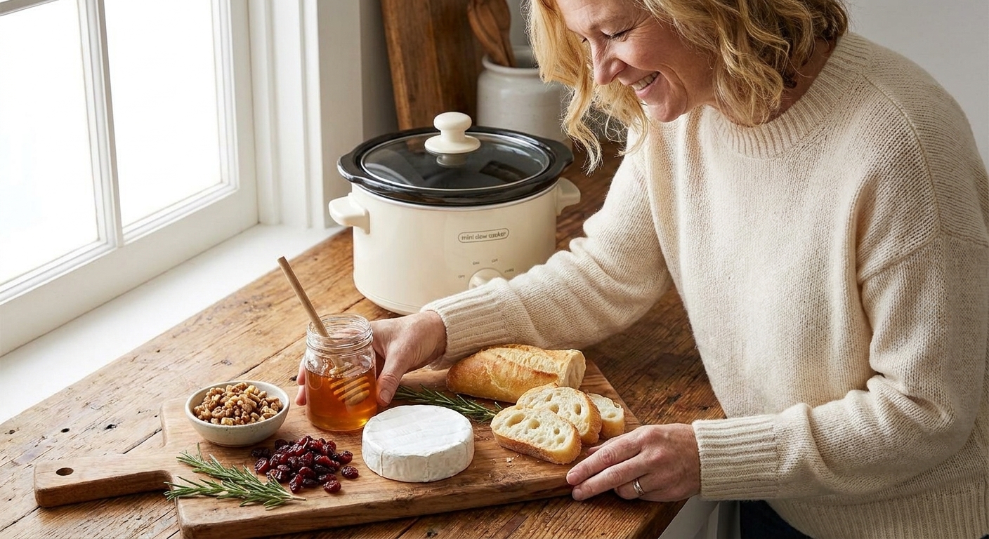 Ingredients for warm brie on a wooden cutting board: a small wheel of brie, honey, chopped walnuts, dried cranberries, rosemary, and sliced baguette
