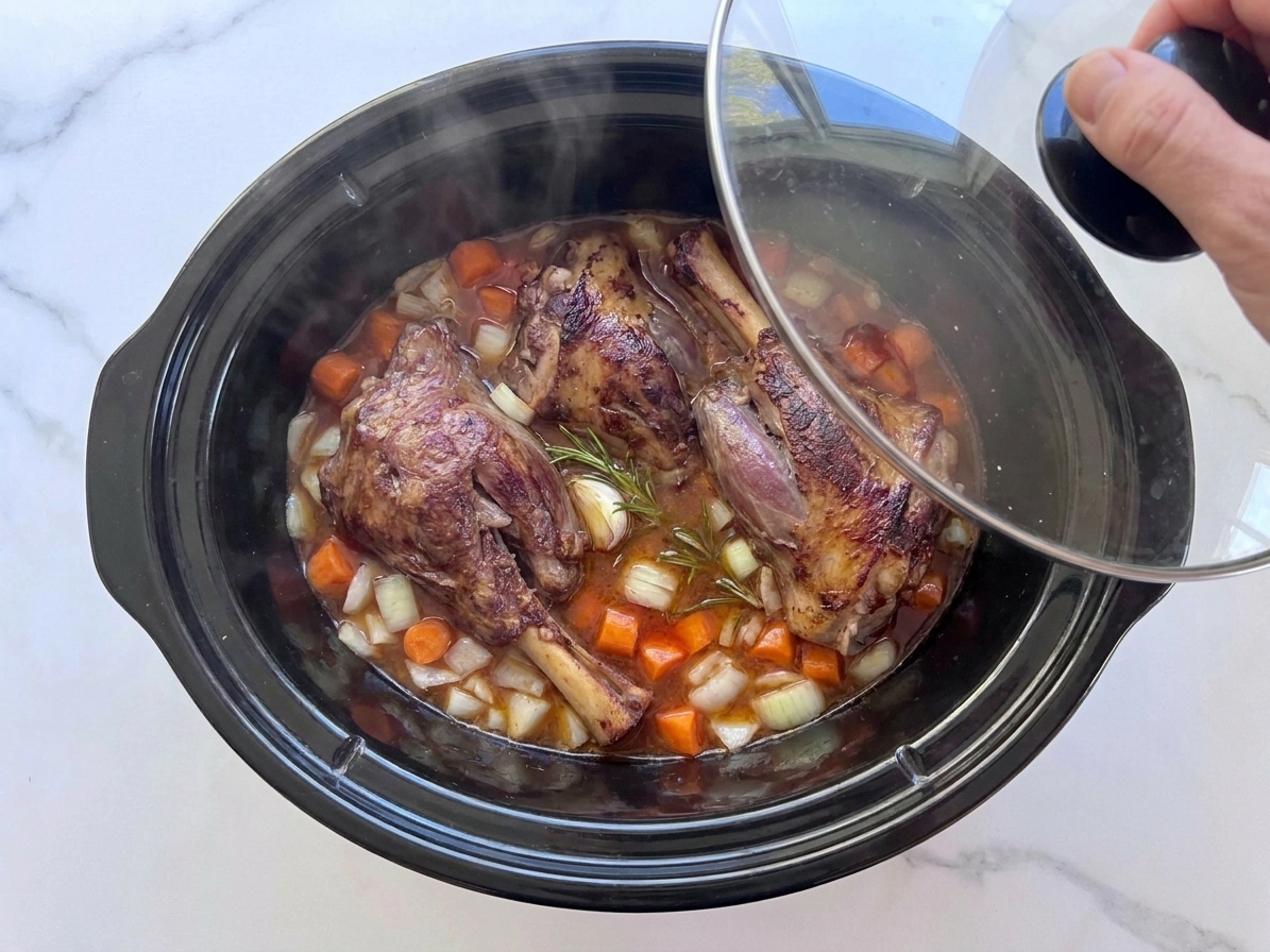 Lamb shanks nestled in a slow cooker among onions and carrots with broth partially surrounding them just before the lid goes on