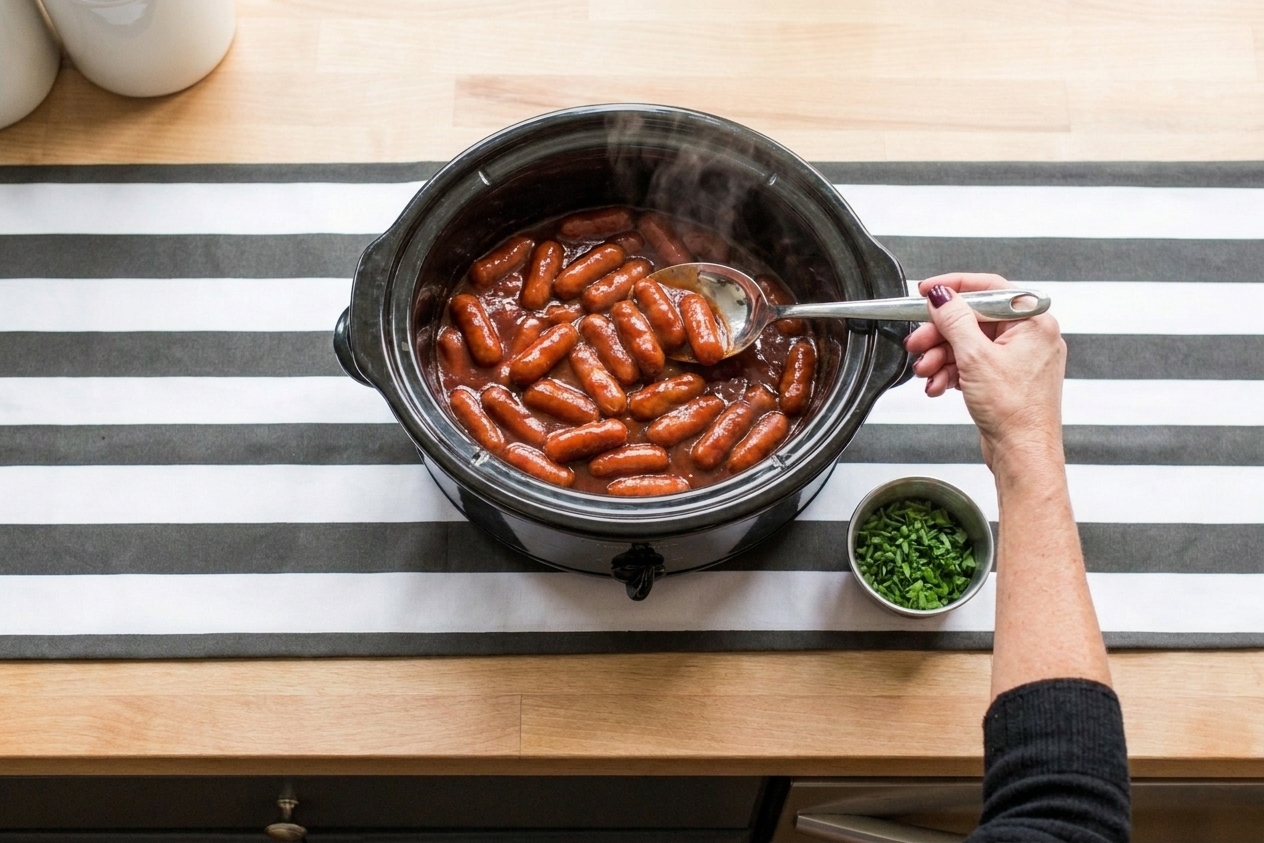 Little smokies in a glossy cranberry barbecue sauce inside a slow cooker
