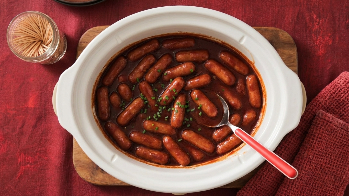 Little smokies sausages simmering in BBQ sauce inside a slow cooker with toothpicks in a jar beside it