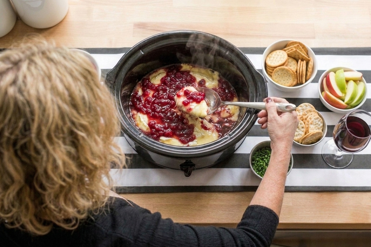 Melted brie topped with cranberry sauce in a slow cooker with crackers and apple slices on the side
