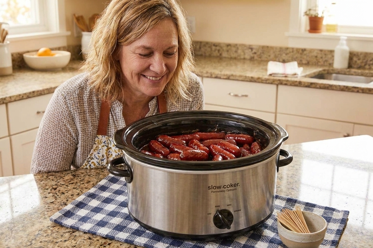 Mini cocktail sausages coated in glossy barbecue sauce inside a slow cooker, with toothpicks nearby
